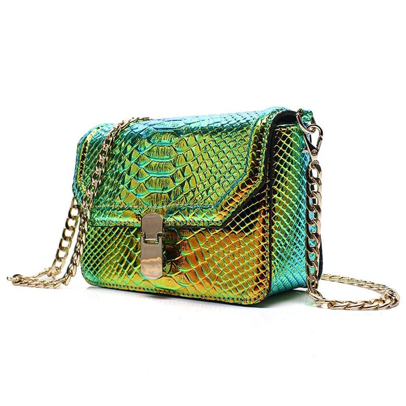 RemeeHi Hologram Snake Skin Leather Shoulder Bag Crossbody Bag with Chain (Hologram Green) - Image 1